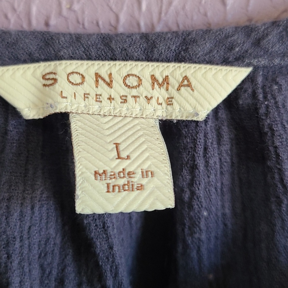 Sonoma Peasant Blouse Womens L Navy Blu Embroidered Crinkle Gauze 3/4 Sleeve Top - Picture 5 of 7
